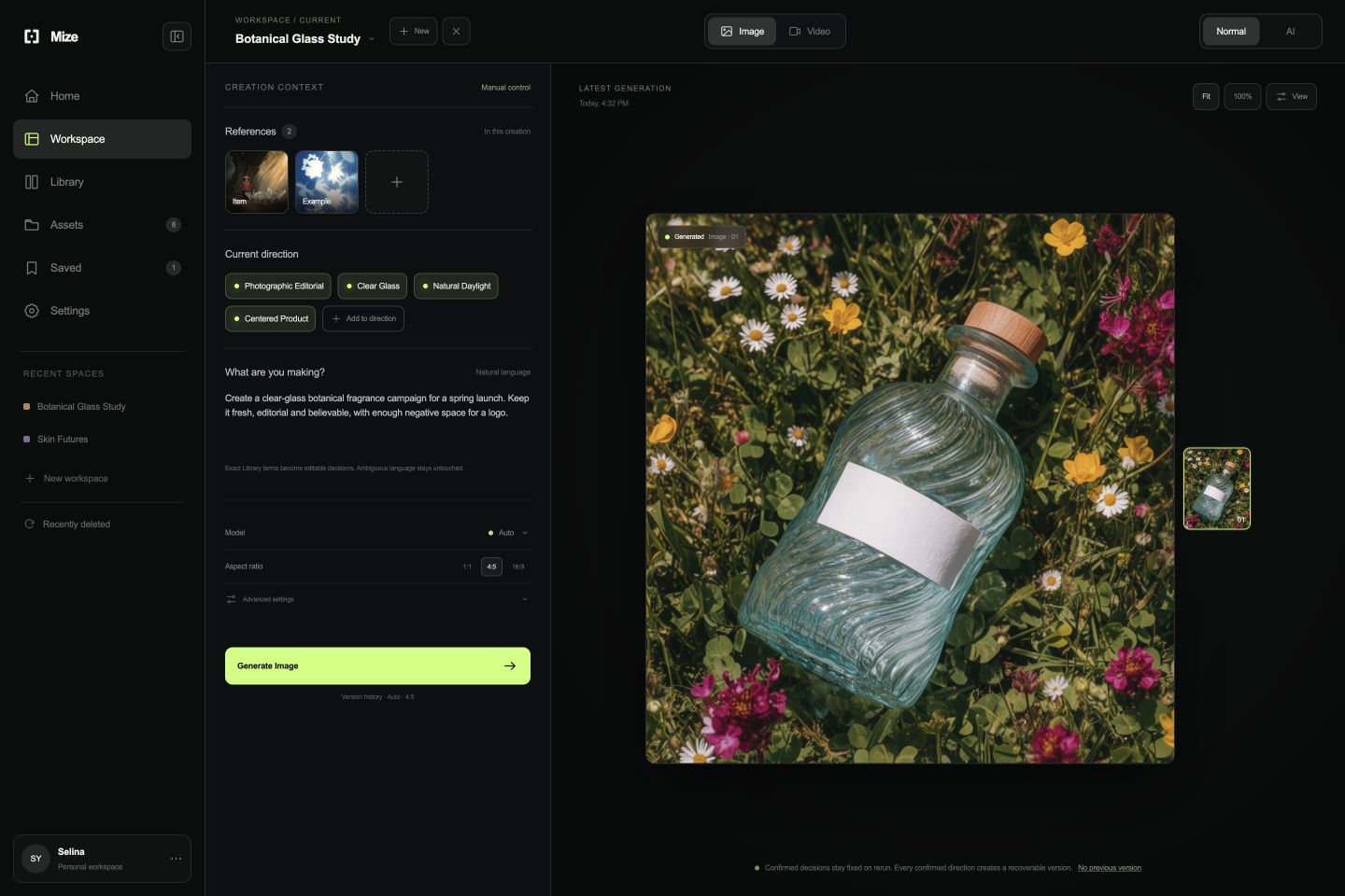 Mize workspace with current direction, prompt, and a botanical fragrance result