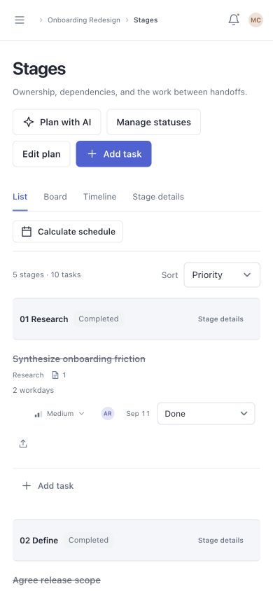 Orbit mobile stages and tasks
