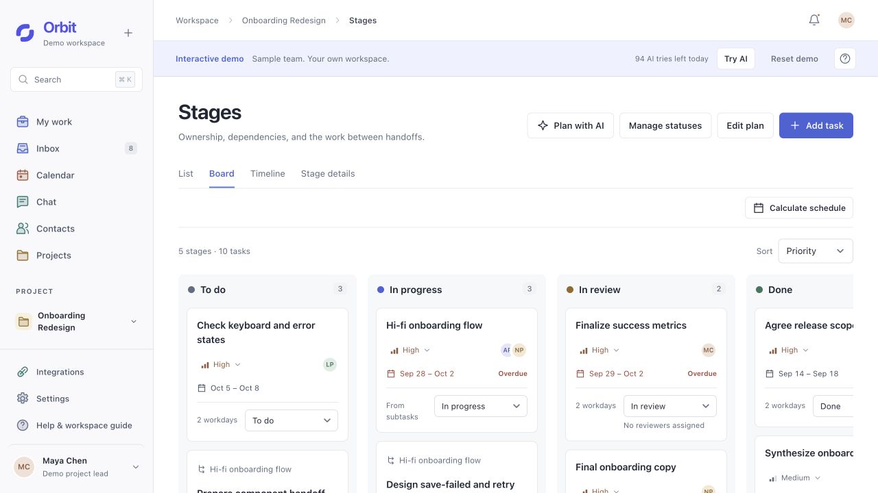 Orbit stage board showing the shared tasks, assignees, dates, and review states